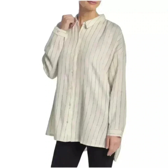 Eileen Fisher Pin Striped Shirt Ecru & Black Button Down Top Collared Tunic S/M - Picture 1 of 9